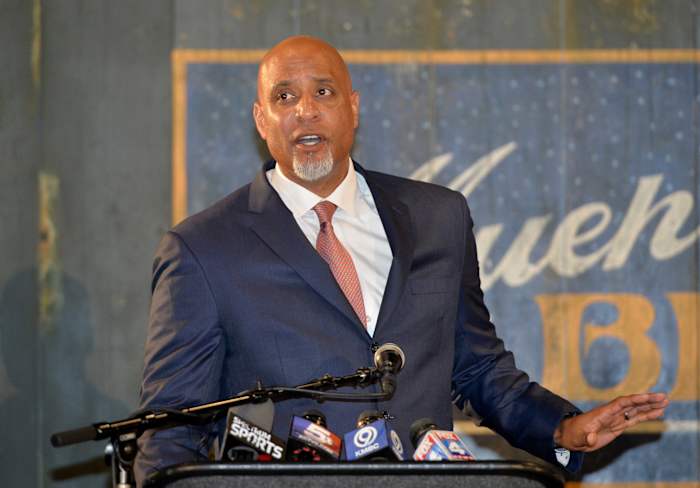 Jun 21, 2017; Kansas City, MO, USA; Major League Baseball Player Association executive director Tony Clark speaks during a presentation at the Negro Leagues Baseball Museum. Mandatory Credit: Denny Medley-USA TODAY Sports